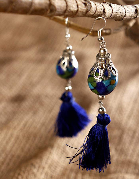 Blue Pottery Bead With Tassel Earring (Blue)